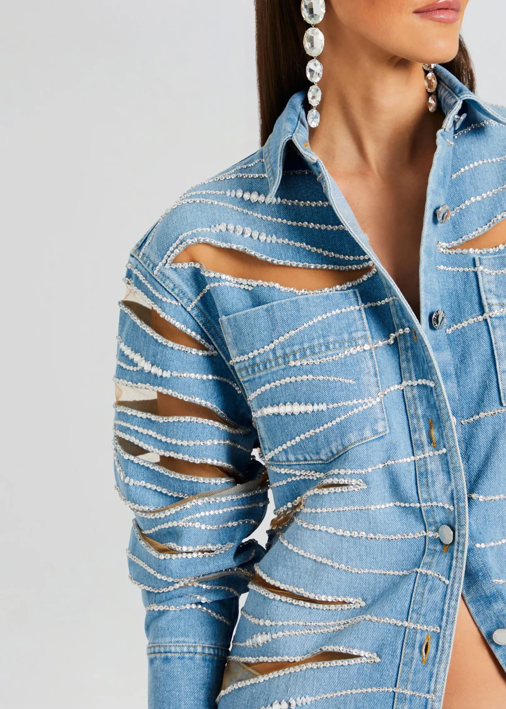 Hot Avani Embellished Denim Shirt Tops