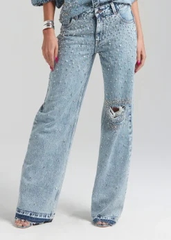 Shop Bronte Wide Leg Crystal Embellished Jean Bottoms