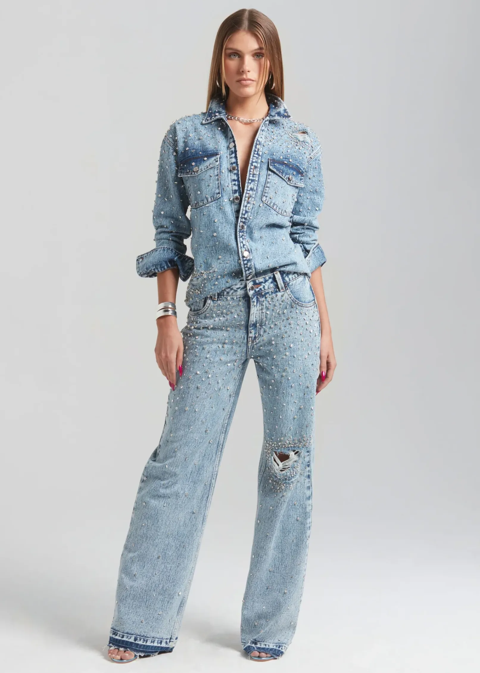 Shop Bronte Wide Leg Crystal Embellished Jean Bottoms