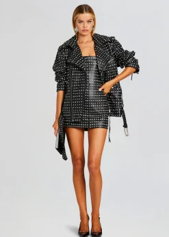 Online Icon Embellished Leather Jacket Jackets