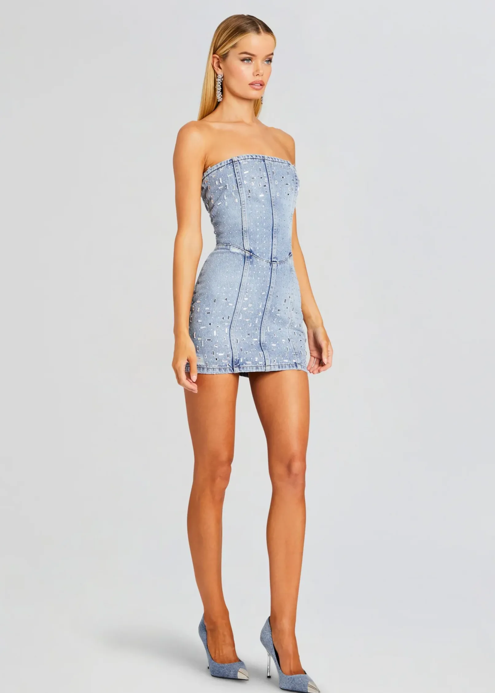 Online Kamna Embellished Denim Dress Subtle Shimmer