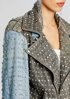 Online Rebel Embellished Leather Jacket Denim